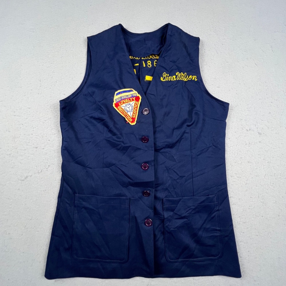 Vintage LA-FRA Ladies Auxiliary Vest Women Navy Blue Embroidered Military 80s